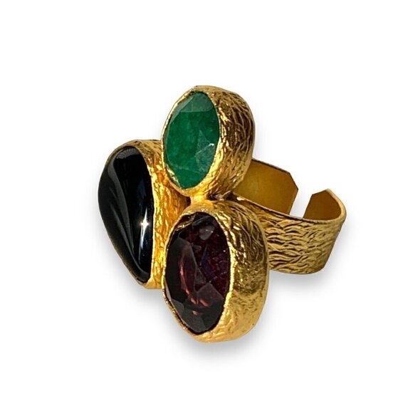 NEW Cocktail Ring 24K Gold Plated Onyx Amethyst Emerald Gem Cluster Adjustable - Picture 5 of 11